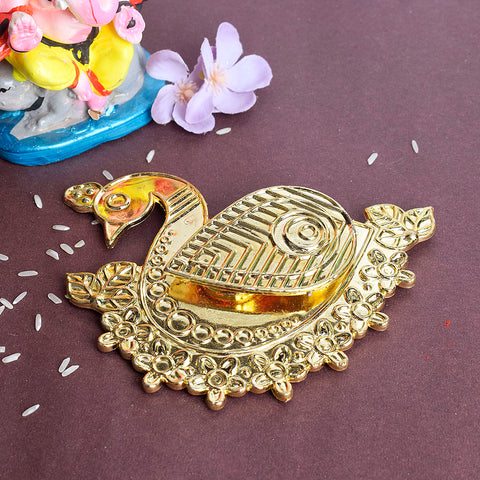 Beautiful Peacock Elegance Kumkum Holder made of traditional brass with intricate feather detailing, ideal for storing kumkum or roli during festivals and pooja rituals. India’s Largest Pooja Accessories Brand – www.satvikstore.in 