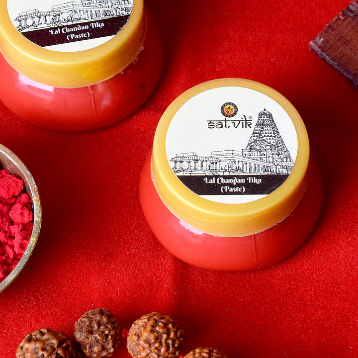 Red Chandan Tikka Paste (Lal Tilak) is a sacred and vibrant paste used for spiritual rituals, poojas, and blessings, symbolizing purity and divine protection during religious ceremonies – India’s Largest Pooja Accessories Brand – www.satvikstore.in